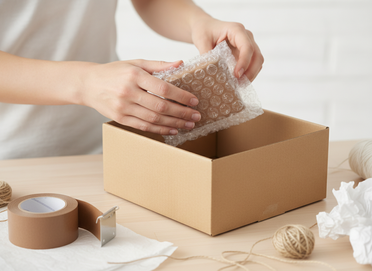 Hands carefully wrapping an item in bubble wrap before placing it into a rigid cardboard box.