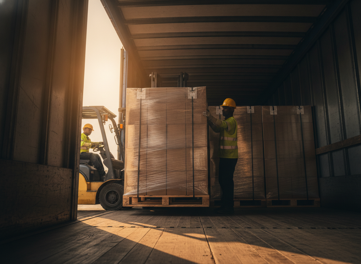 Forklift easing a stretch-wrapped pallet into the last gap in a half-loaded trailer while a worker steadies the corner.