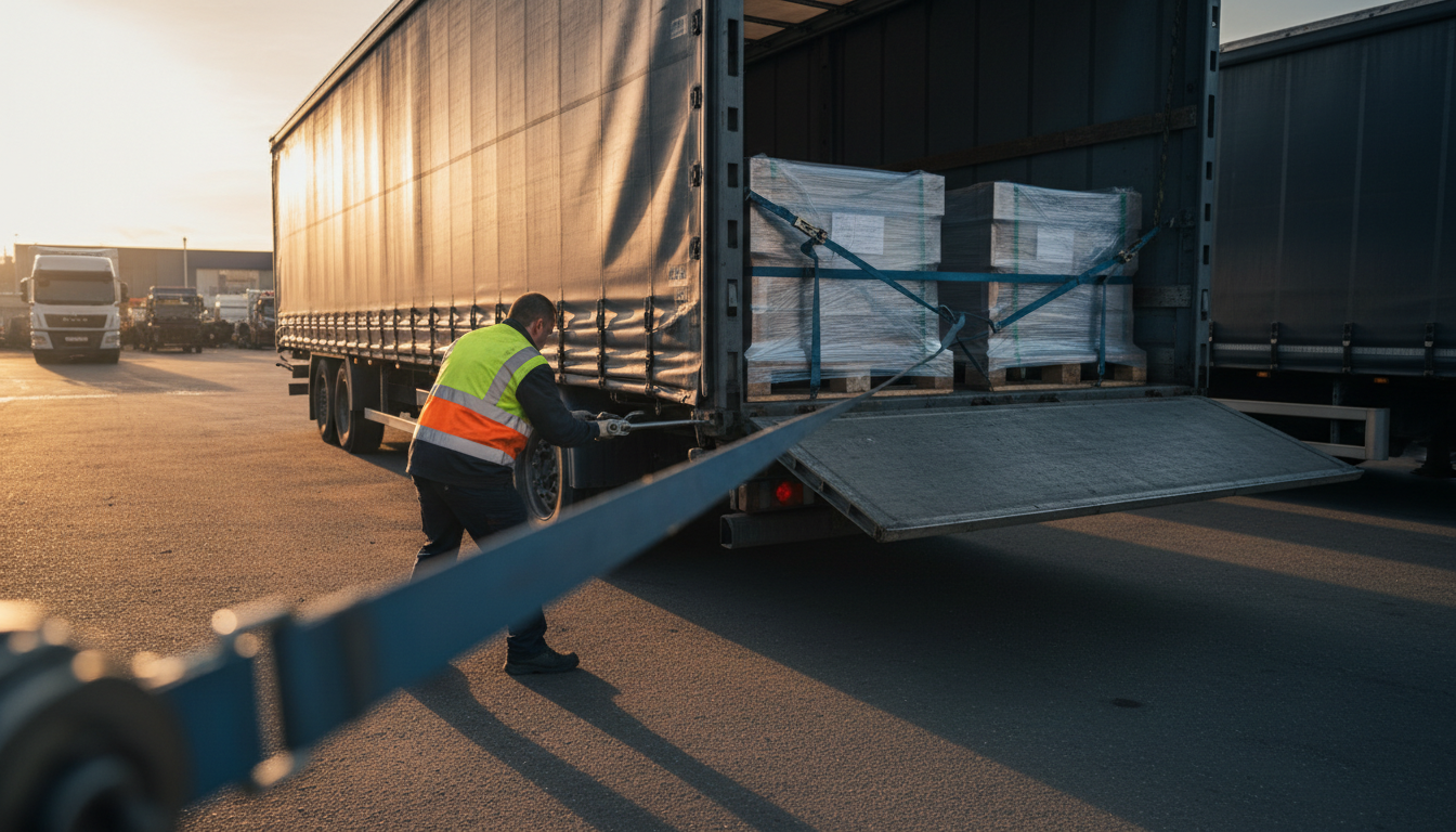 Driver in a hi-vis vest tensioning a ratchet strap across shrink-wrapped pallets on the deck of a curtain-side trailer.