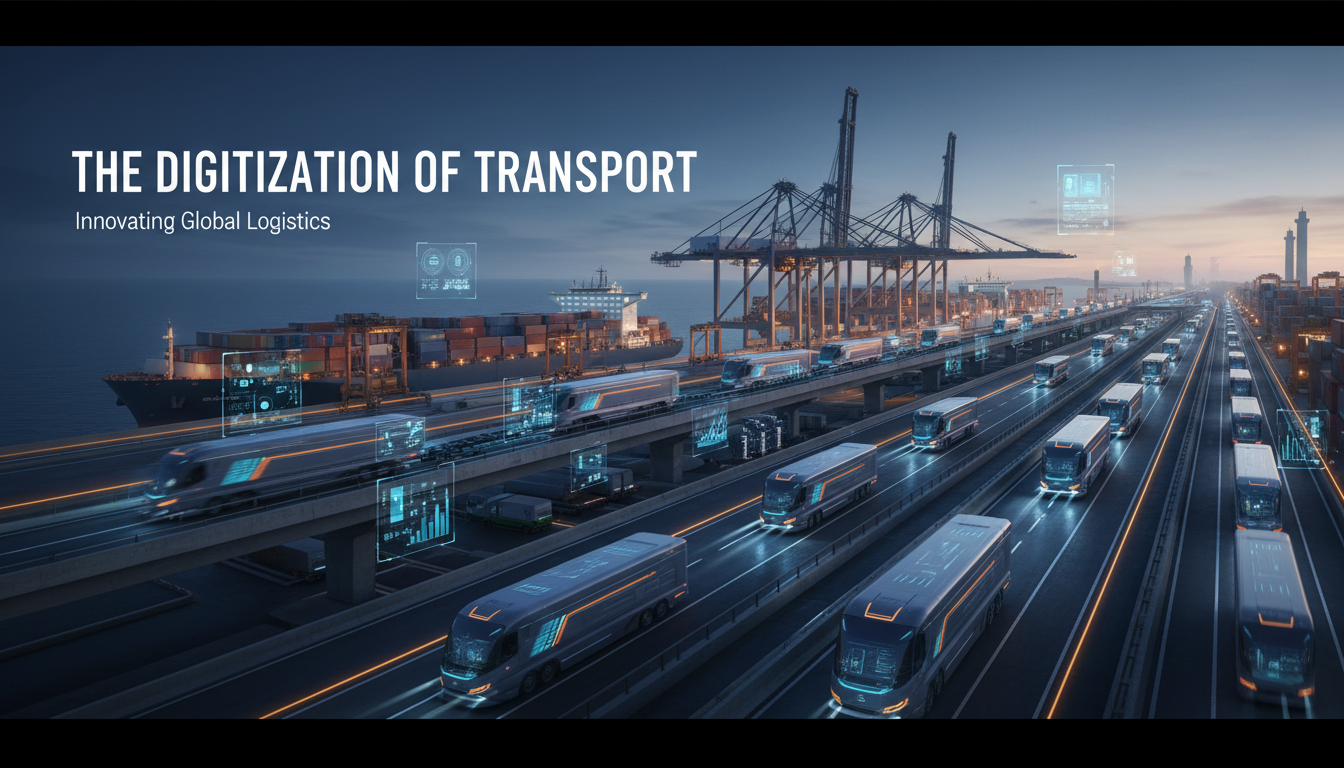 Night-time freight corridor with lanes of trucks, a container ship at berth under gantry cranes and a light-rail line, overlaid with digital telematics and tracking displays.