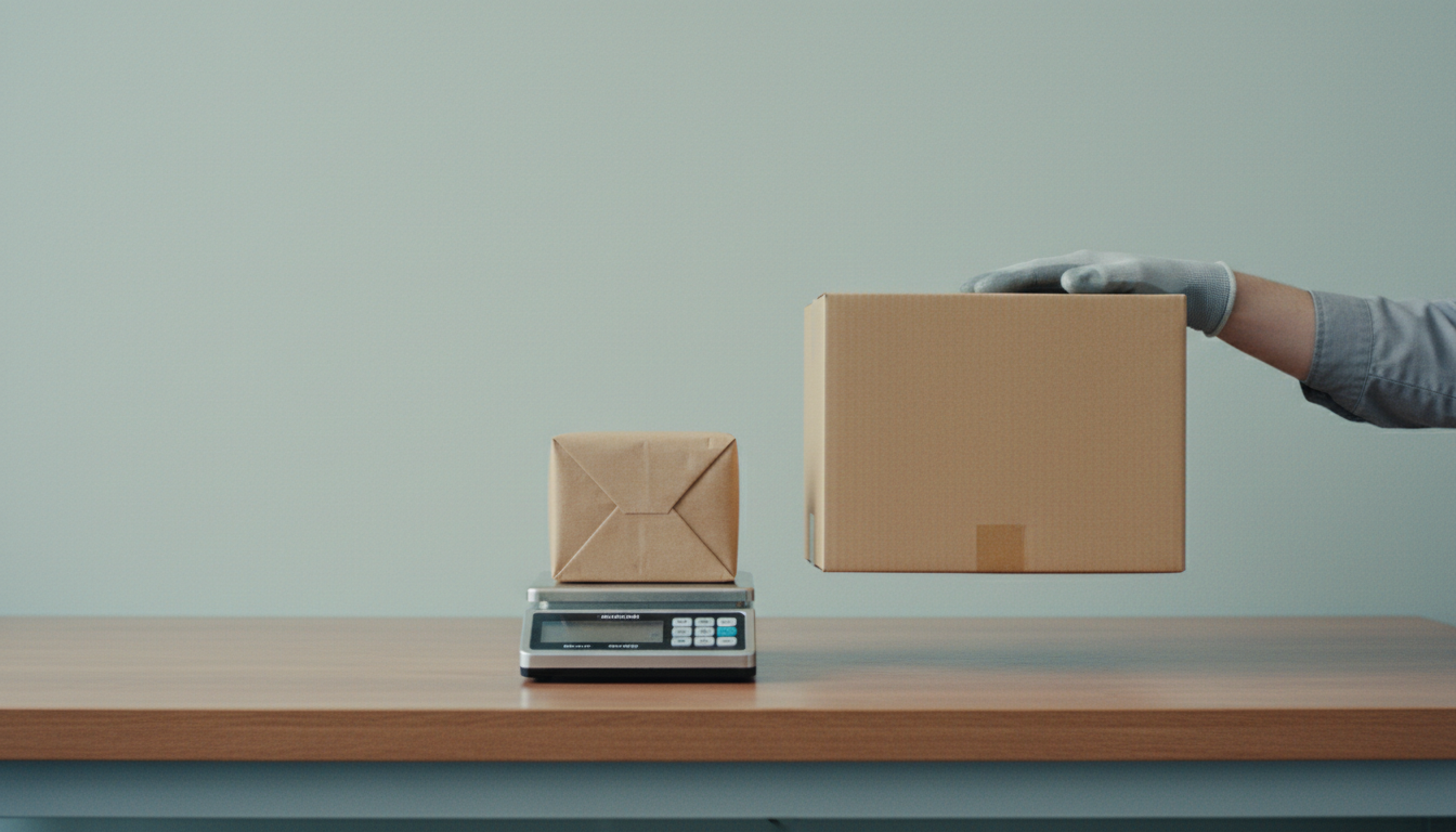 Small dense parcel sitting on a digital parcel scale beside a much larger, lighter box held level in one gloved hand.
