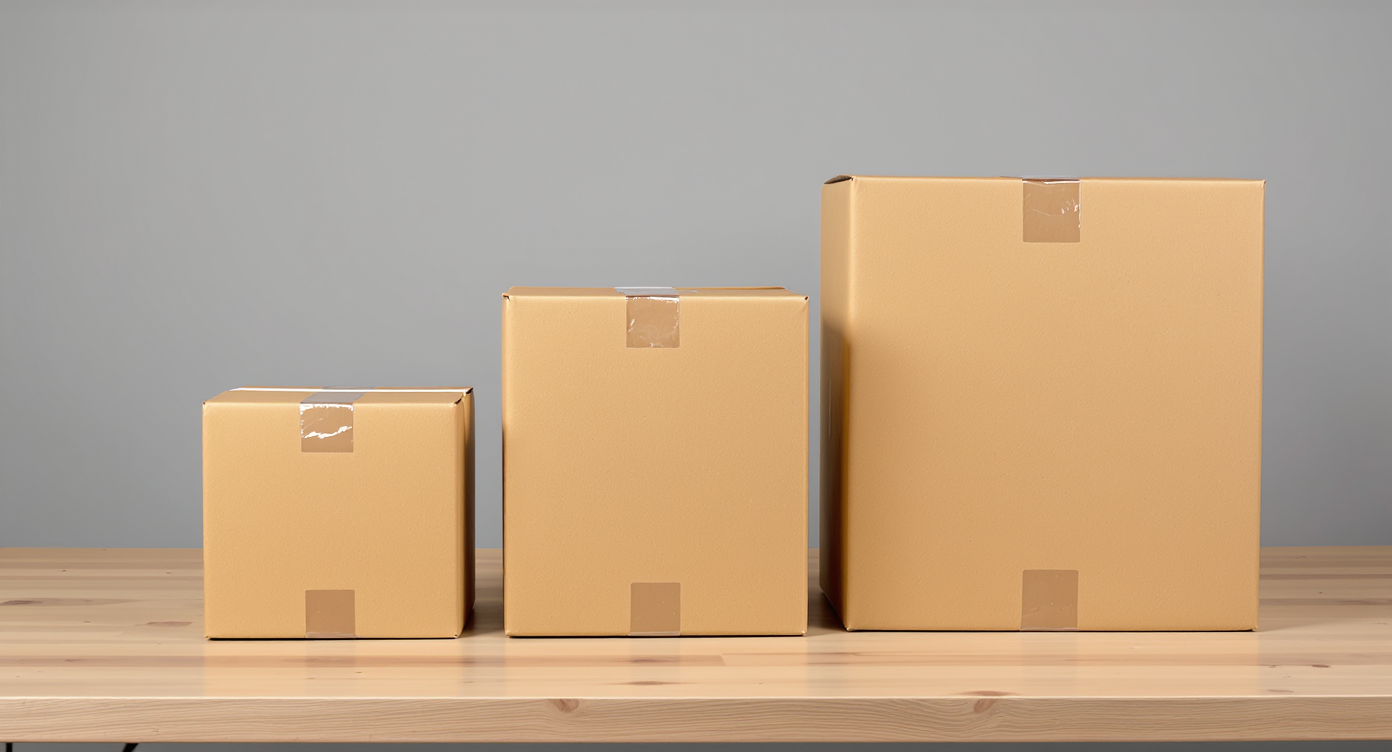 Three sealed brown courier parcels of small, medium and large size lined up side by side on a wooden workbench.