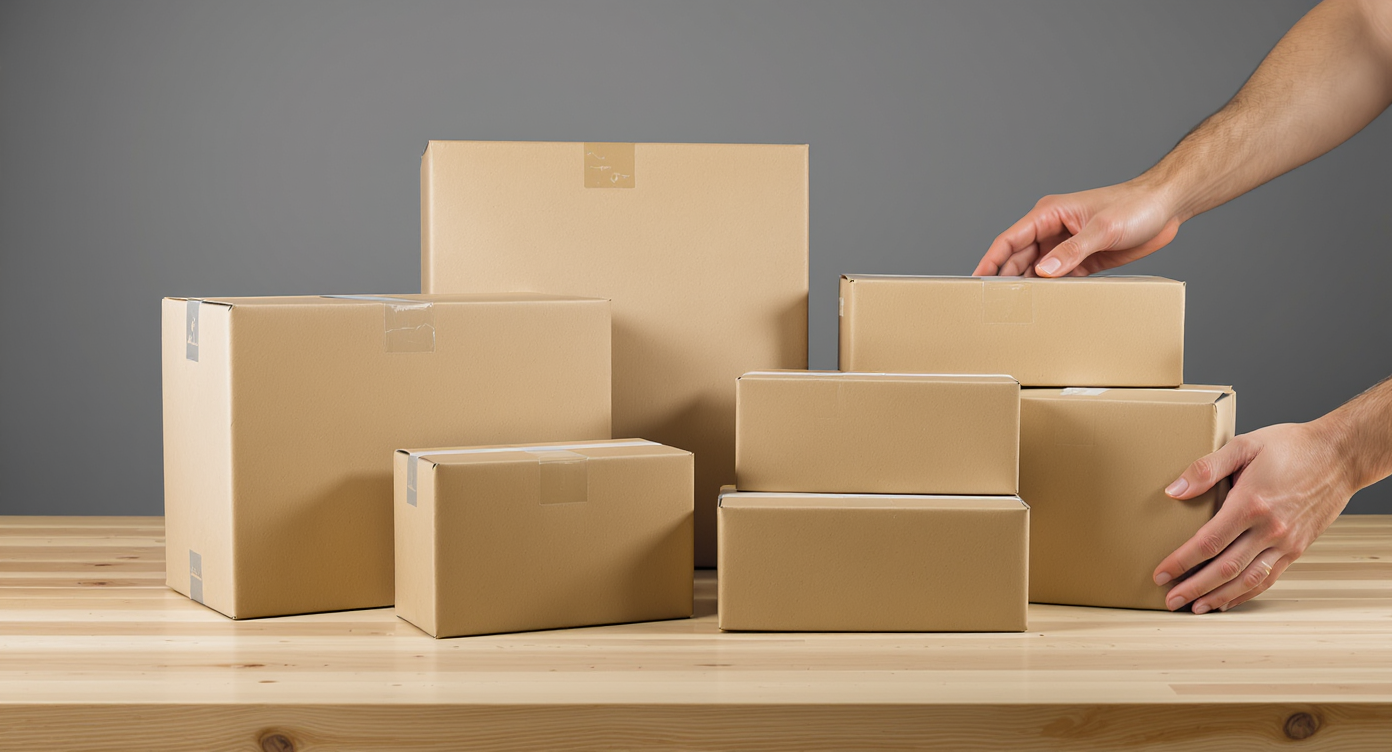 Hands placing a sealed brown corrugated parcel onto a light-wood workbench beside courier boxes of several different sizes at a depot.