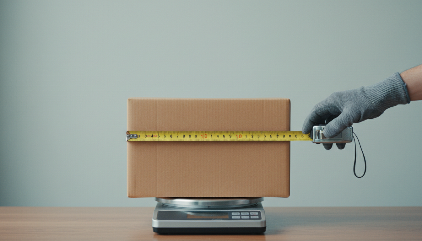 Gloved hand pulling a steel tape measure taut across the full length of a sealed brown courier parcel on a dispatch bench.