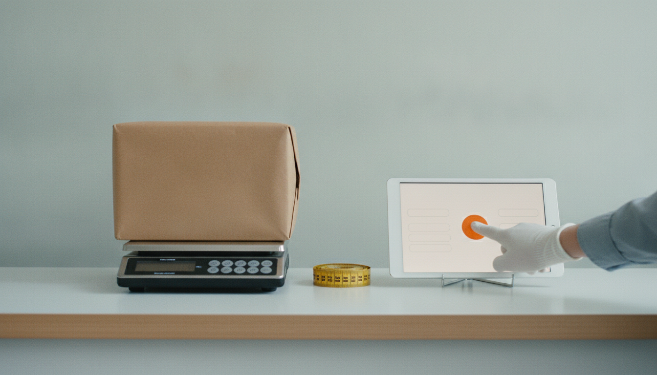 Gloved fingertip pressing the submit button on a tablet quote form beside a parcel on a digital scale and a coiled tape measure.