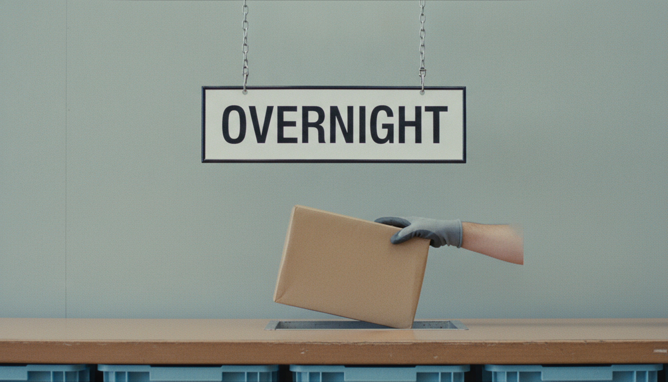 Courier dispatch bay under a hanging sign reading OVERNIGHT, with a gloved hand lowering a sealed parcel into it.