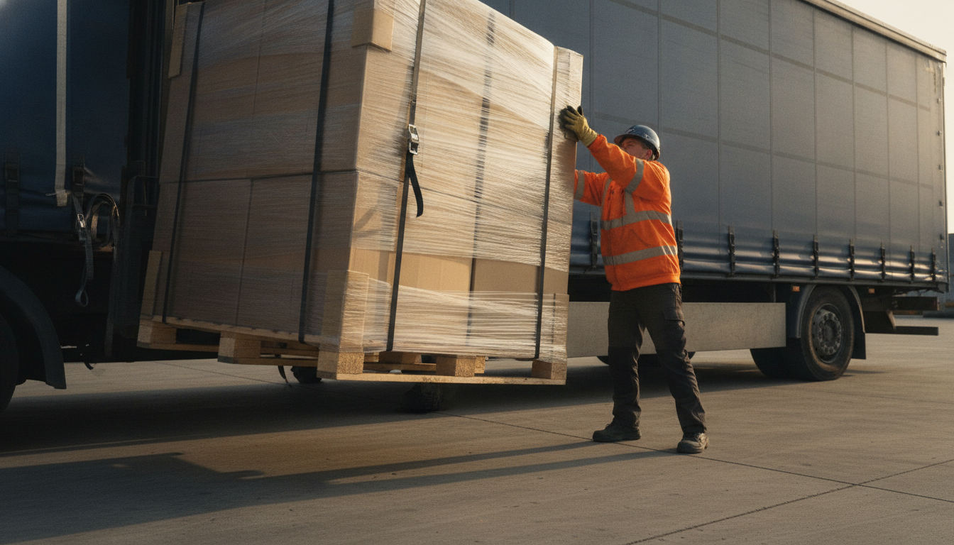 A worker in an orange hi-vis jacket steadies a shrink-wrapped pallet as it is loaded into a curtain-side truck