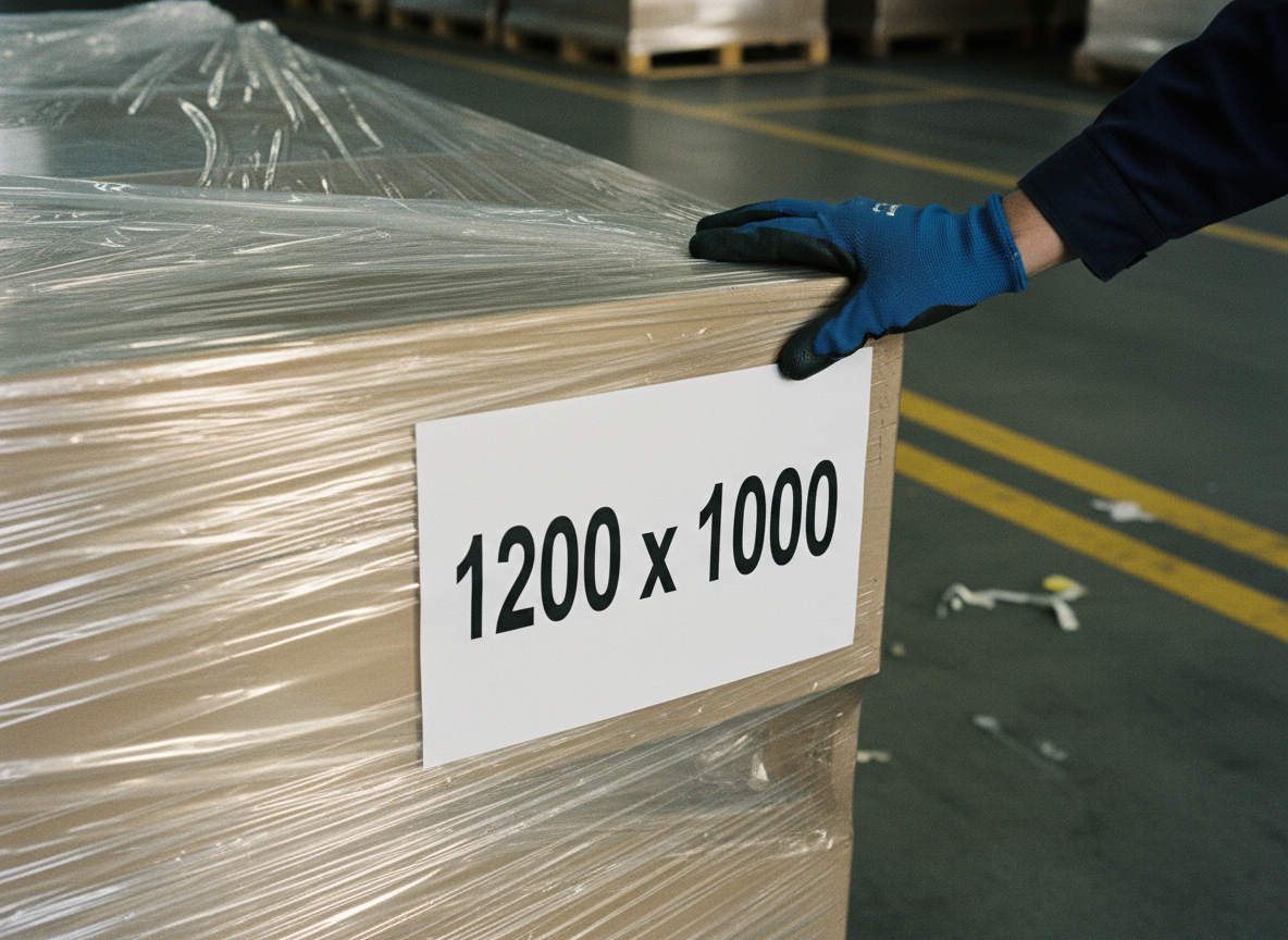 A steel tape measure pulled along the front edge of a wrapped pallet, with painted bay markings on the depot floor.