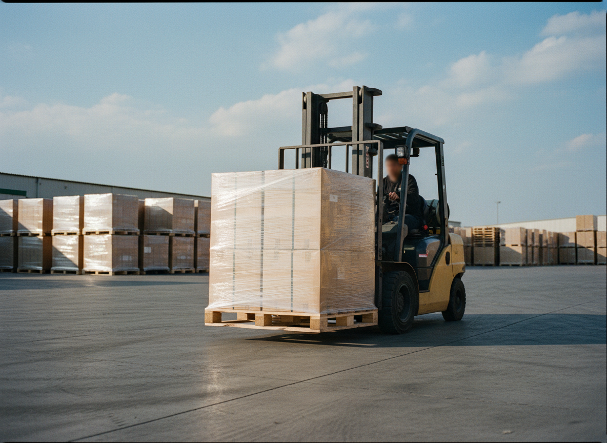 A forklift lifts a single shrink-wrapped pallet of cartons as one unit, forks fully engaged in the pallet entry.
