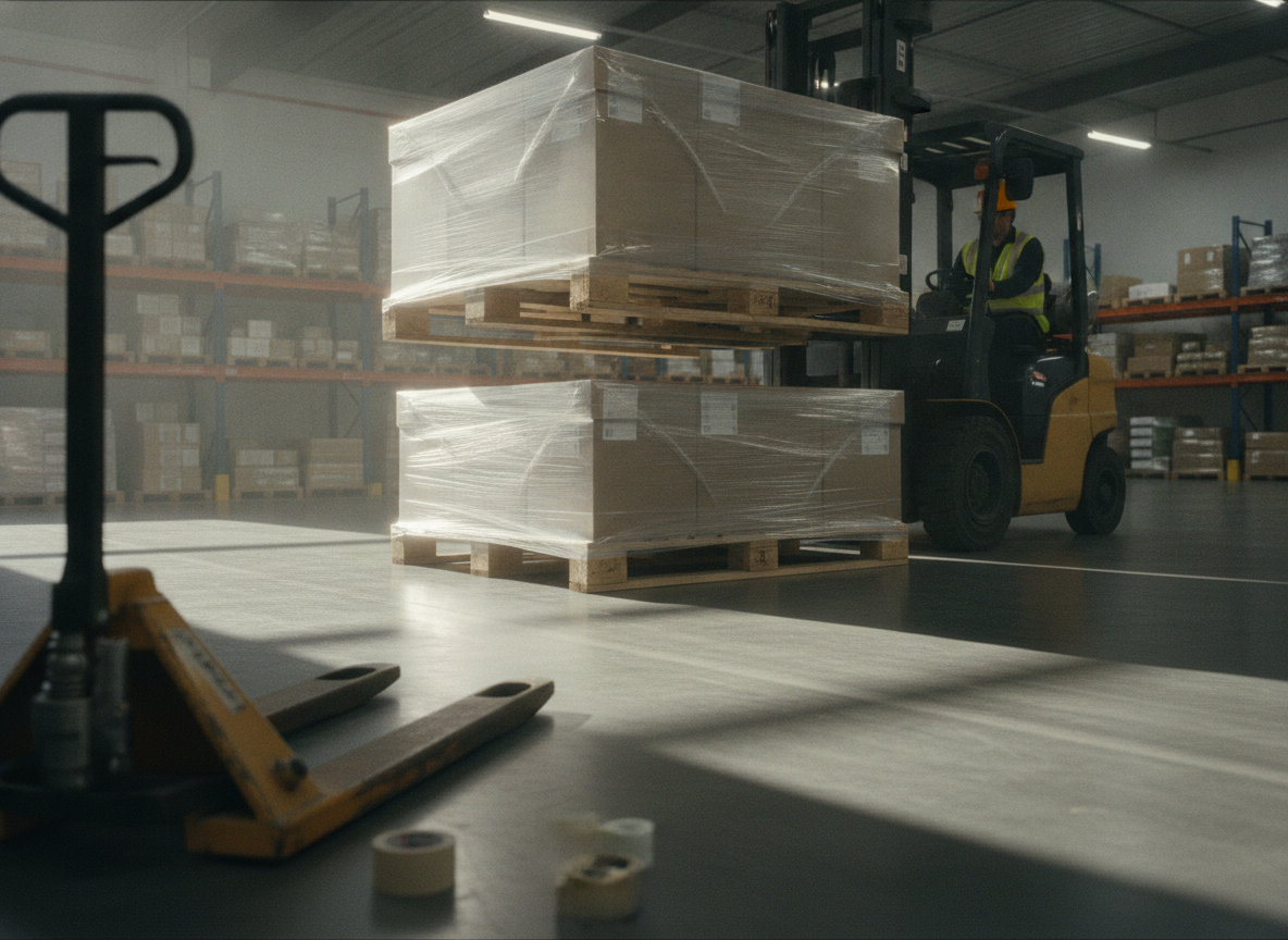 A forklift lowers one wrapped pallet squarely onto another flat-topped pallet to stack them two high.