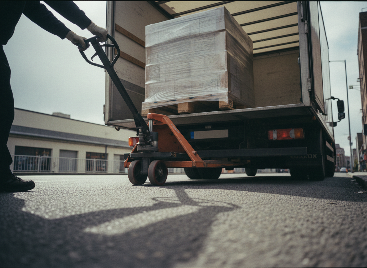 A pallet truck rolls a wrapped pallet onto the lowered tail-lift platform at the back of a rigid truck.
