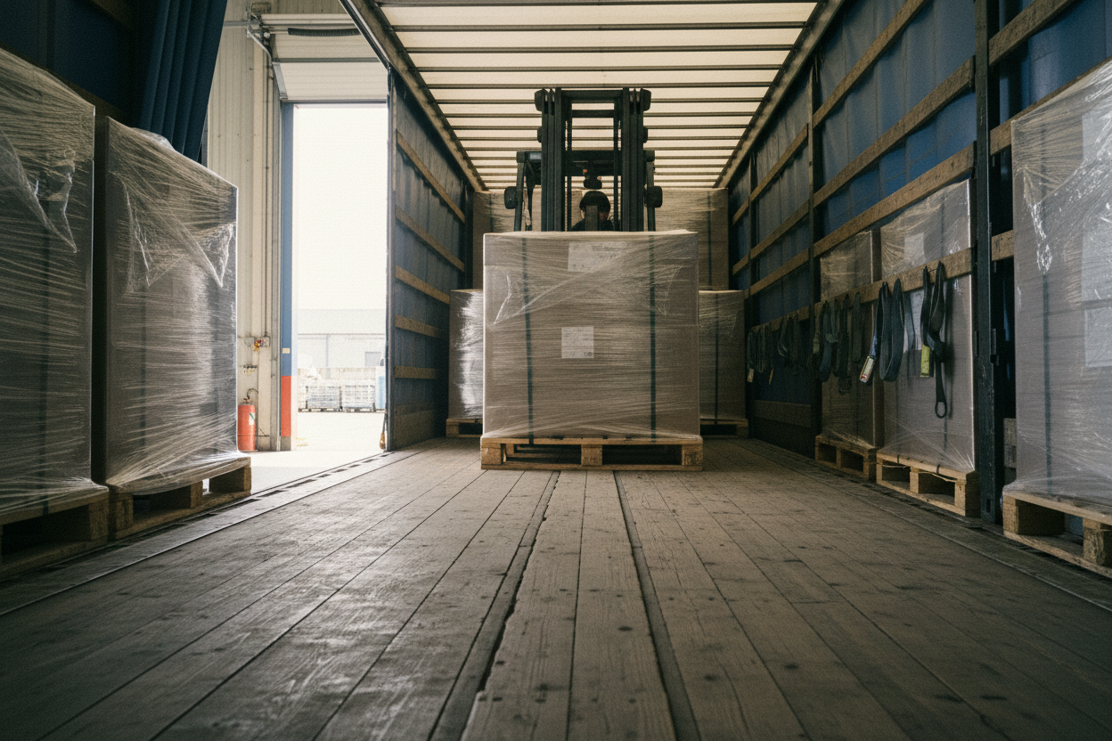 A forklift sets the last wrapped pallet onto a trailer deck, with one empty bay of deck still showing.