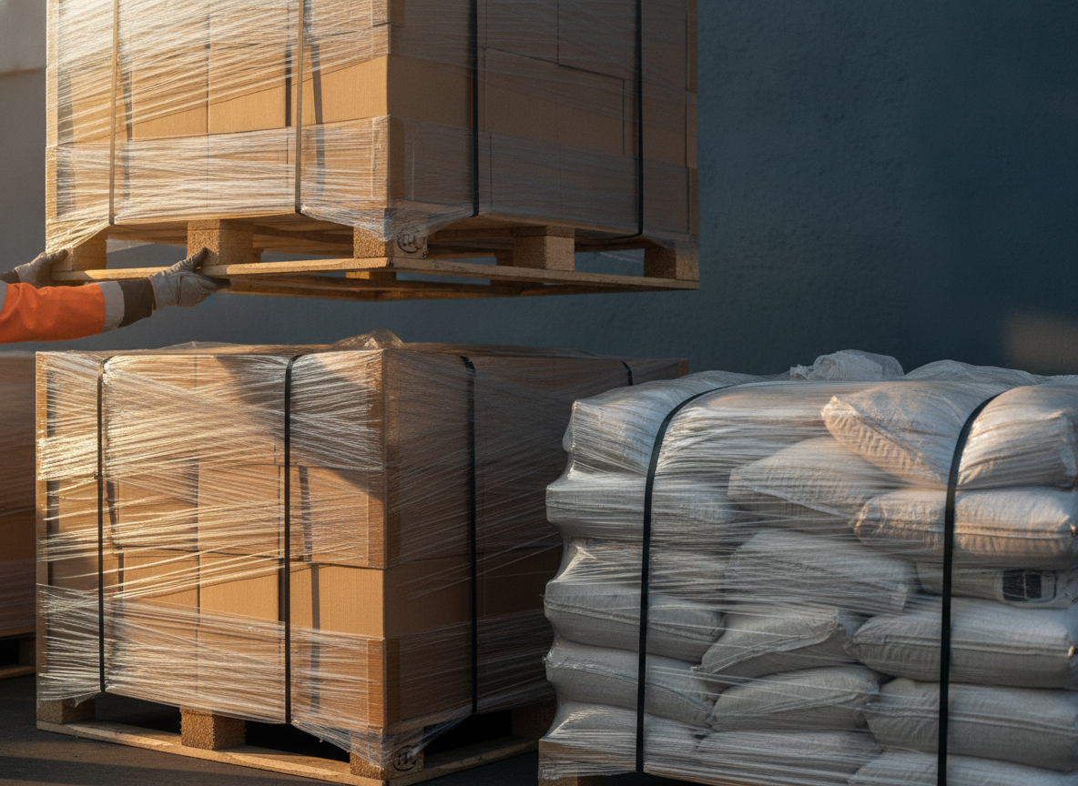 A pallet lowered squarely onto a flat-topped stackable load, beside a domed pallet of sacks that cannot be stacked
