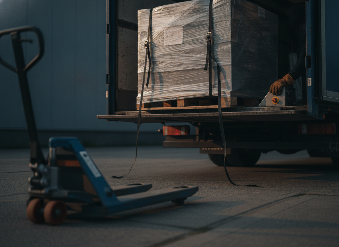 A wrapped pallet lowered to kerb level on a truck tail-lift, with a manual pallet jack waiting on the pavement