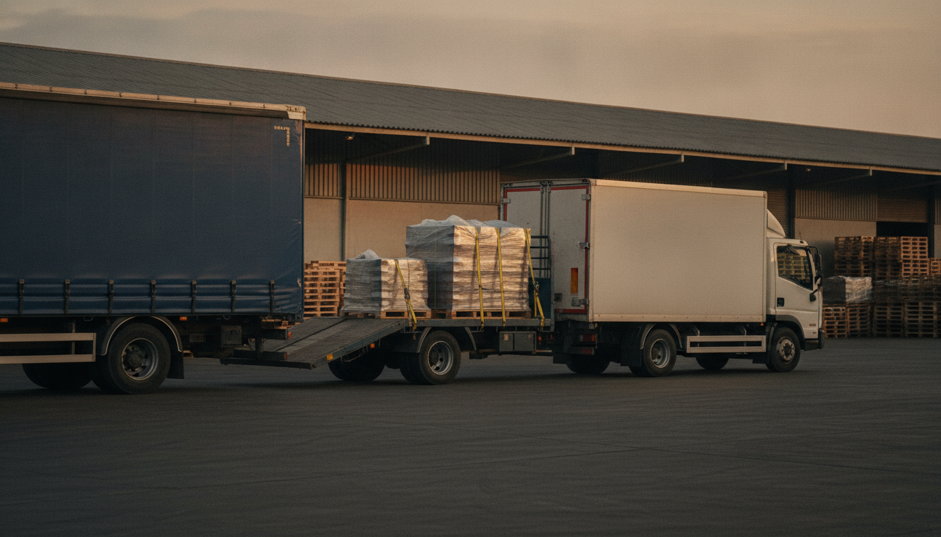 Three different types of freight vehicle parked side by side at a South African logistics yard at dusk: a blue curtain-side truck, a flatbed loaded with strapped and shrink-wrapped pallets, and a box truck with a tail-lift, with stacked timber pallets beside the warehouse behind them.