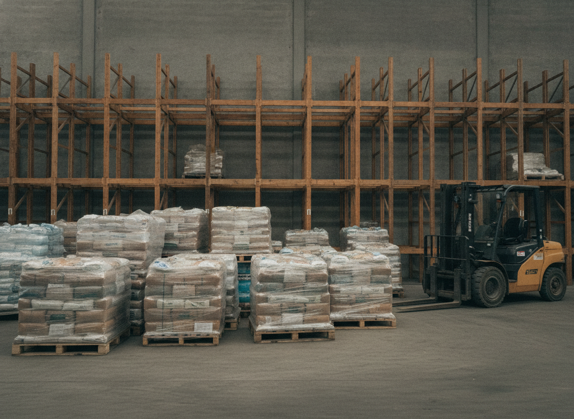 Shrink-wrapped pallets of visibly different heights and footprints standing on a warehouse floor beside a yellow forklift, with timber racking and a concrete wall behind them.