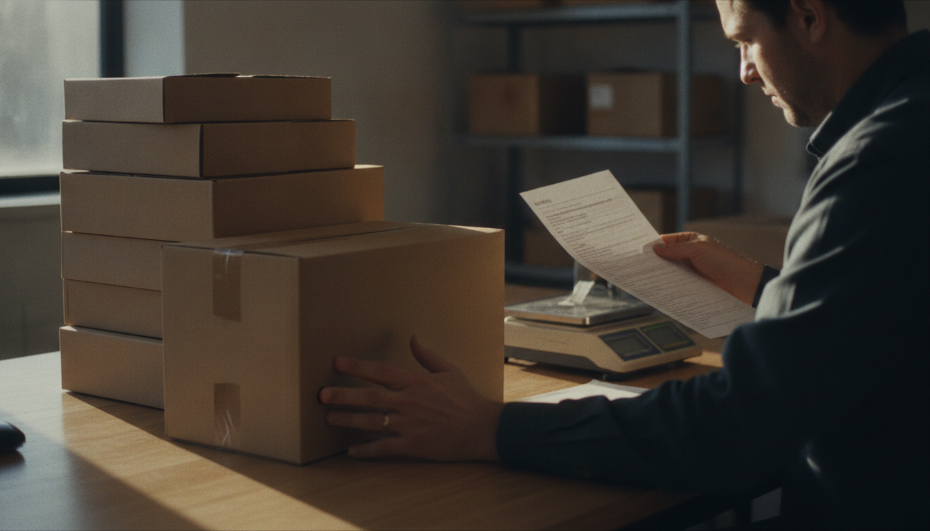 A business owner at a dispatch bench reading a printed courier quote with one hand resting on a stack of sealed cartons