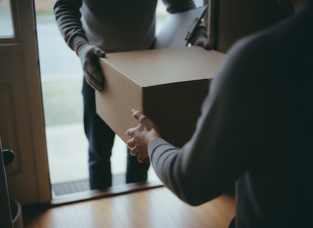 A courier passing a sealed carton across a doorway to a recipient, a clipboard tucked under one arm