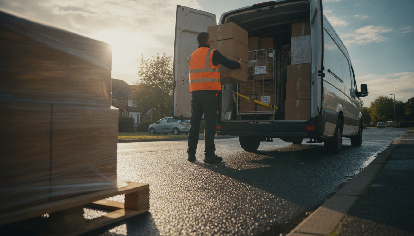 Courier in a hi-vis vest lifting a stack of parcels into the rear of a loaded delivery van at the kerbside.