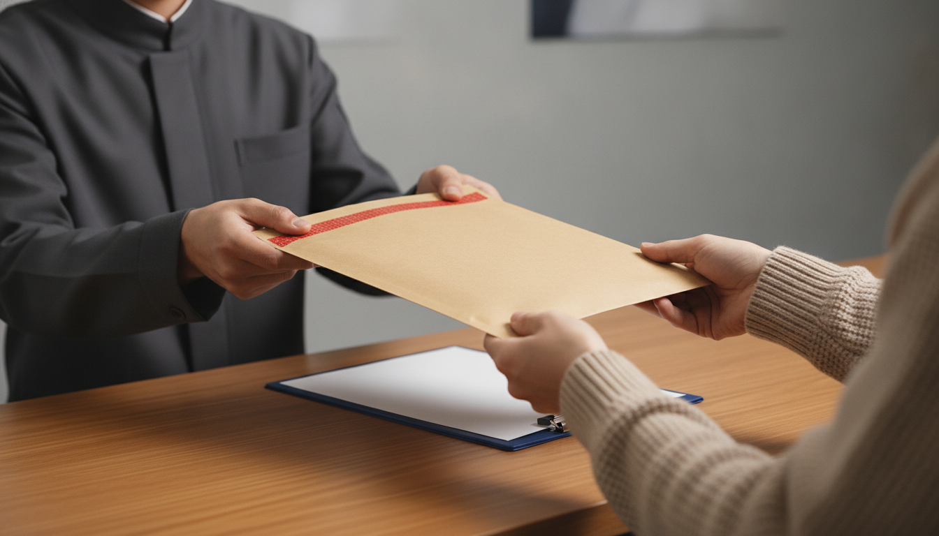 A document courier hands a sealed, tamper-evident document pouch across a desk to a recipient, with a clipboard ready for signature.