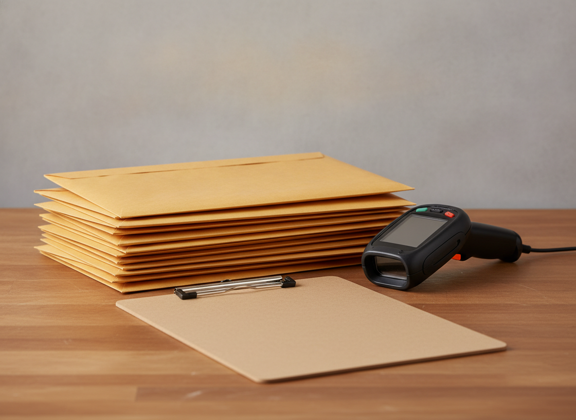 Stack of sealed manila document envelopes with a handheld courier scanner and clipboard, ready for tracked collection.