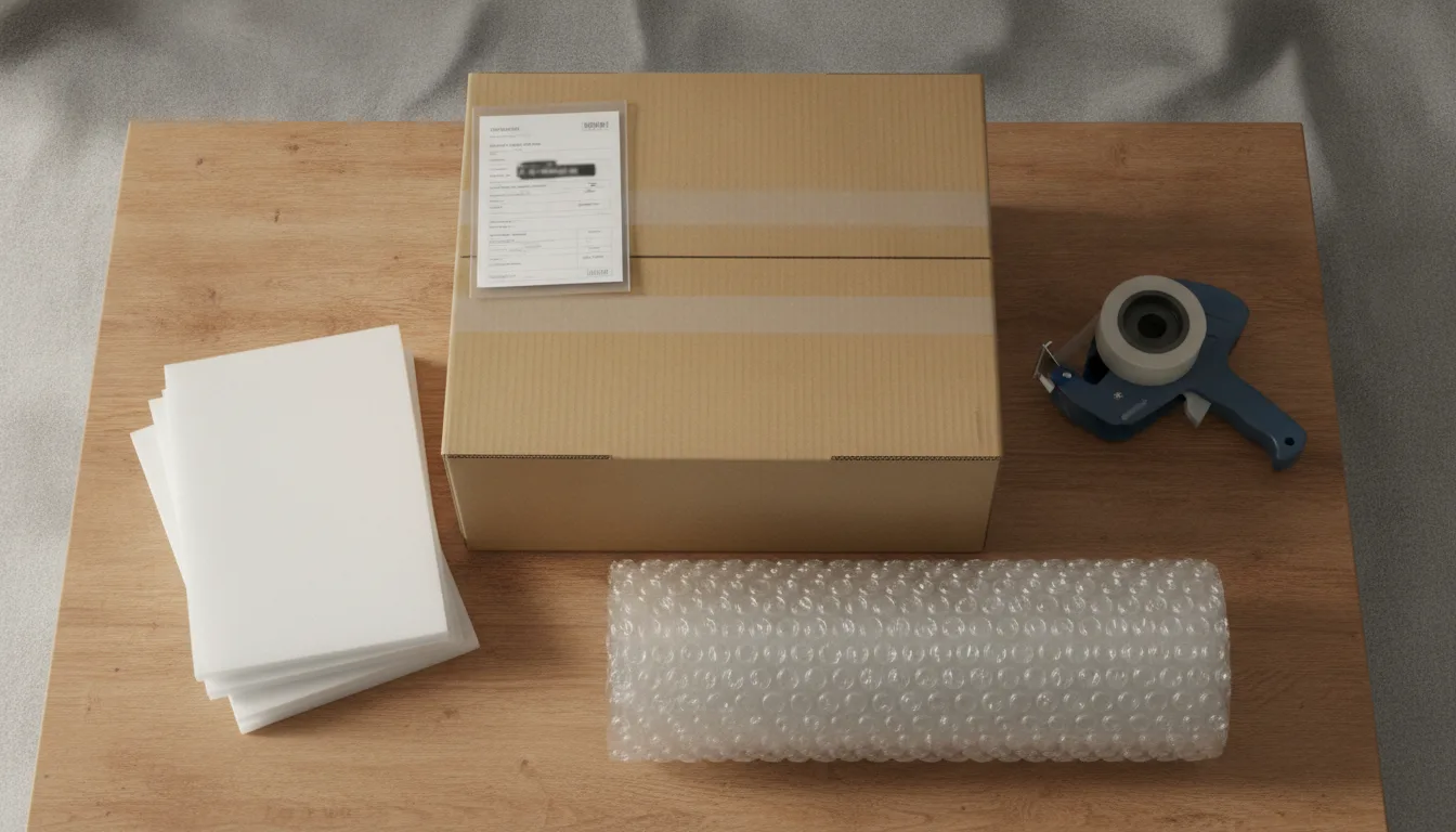 Sealed corrugated courier box with a waybill in a clear pouch, a tape gun, foam sheets and a roll of bubble wrap on a workbench.