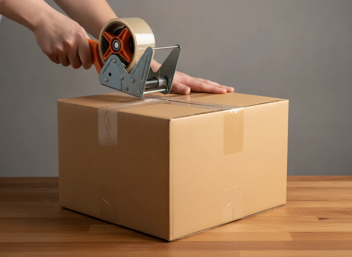 Hands using a tape gun to seal a corrugated cardboard box, running tape along the centre seam.